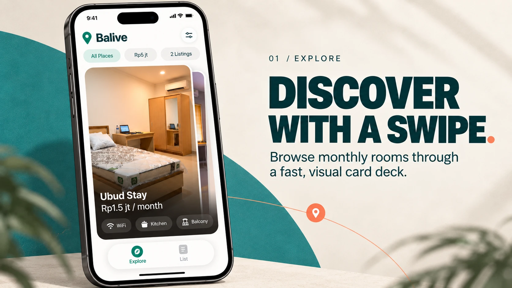 Balive Explore screen on an iPhone beside the headline Discover with a Swipe