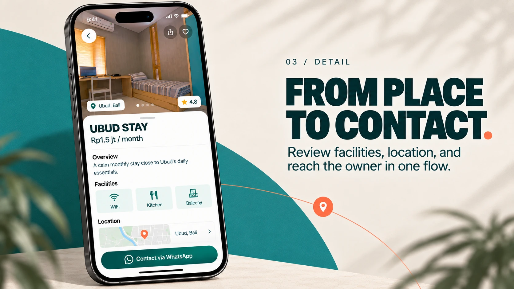Balive boarding-house detail screen on an iPhone showing facilities, location, and WhatsApp contact