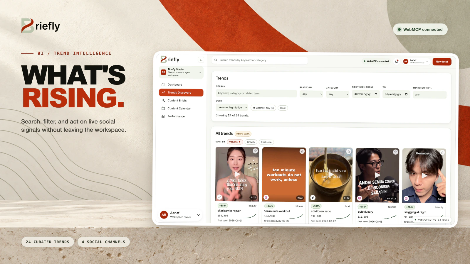 Briefly trend discovery dashboard showing live social signals, filters, and ranked trend cards