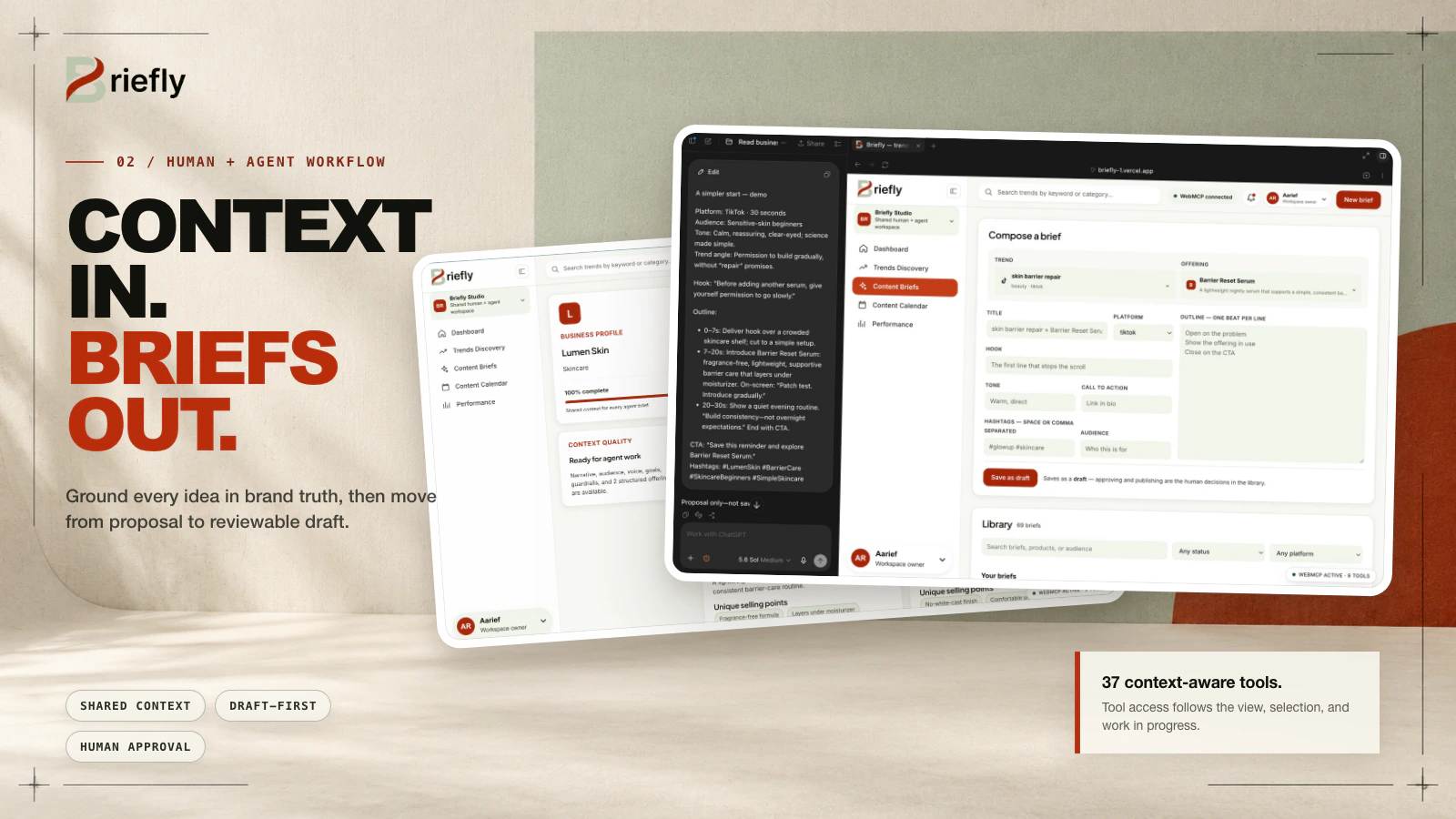 Briefly human and agent workflow showing shared business context, an AI proposal, and the content brief editor