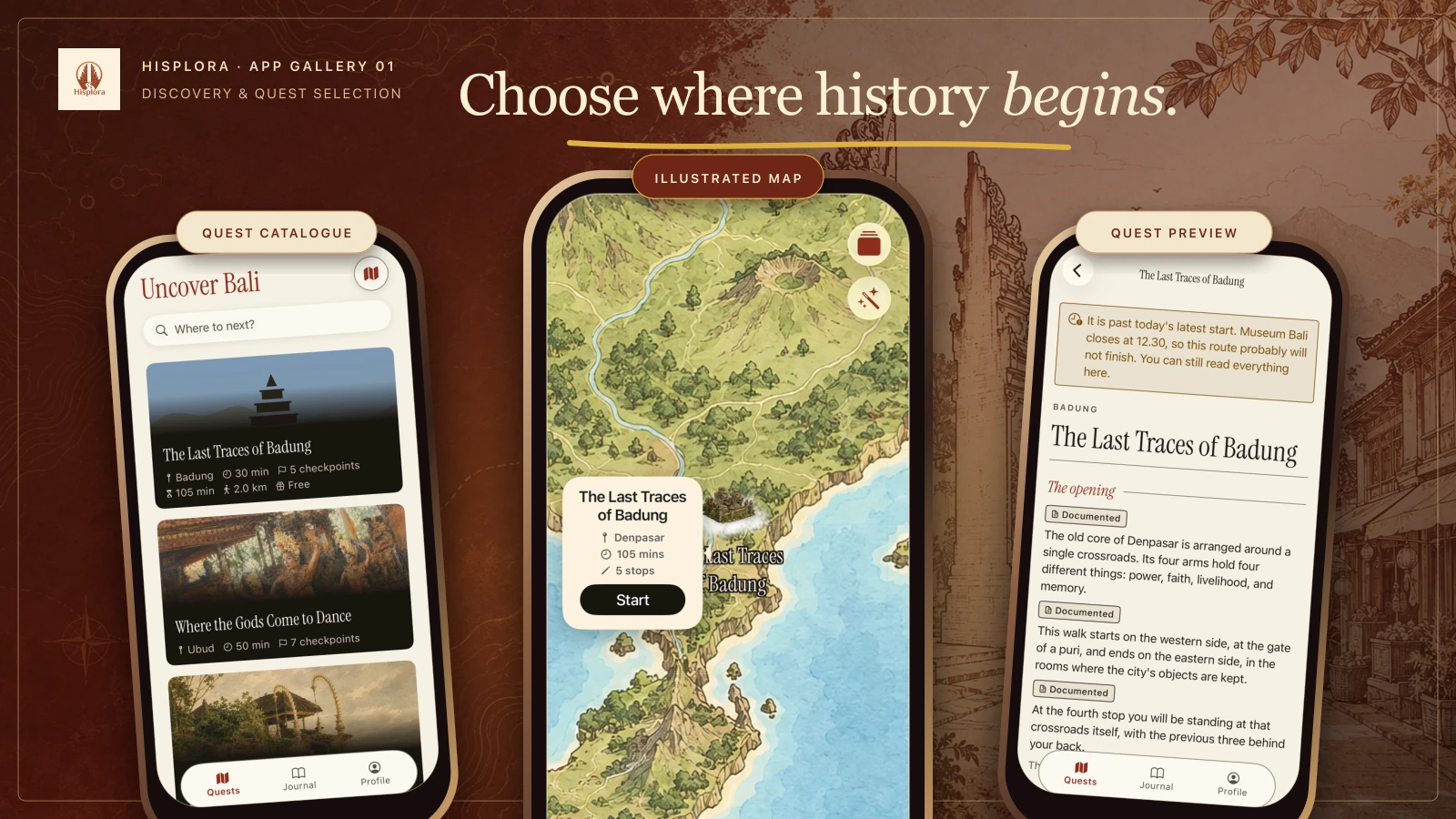 Hisplora app gallery showing the quest catalogue, an illustrated Bali map, and The Last Traces of Badung preview on three iPhones