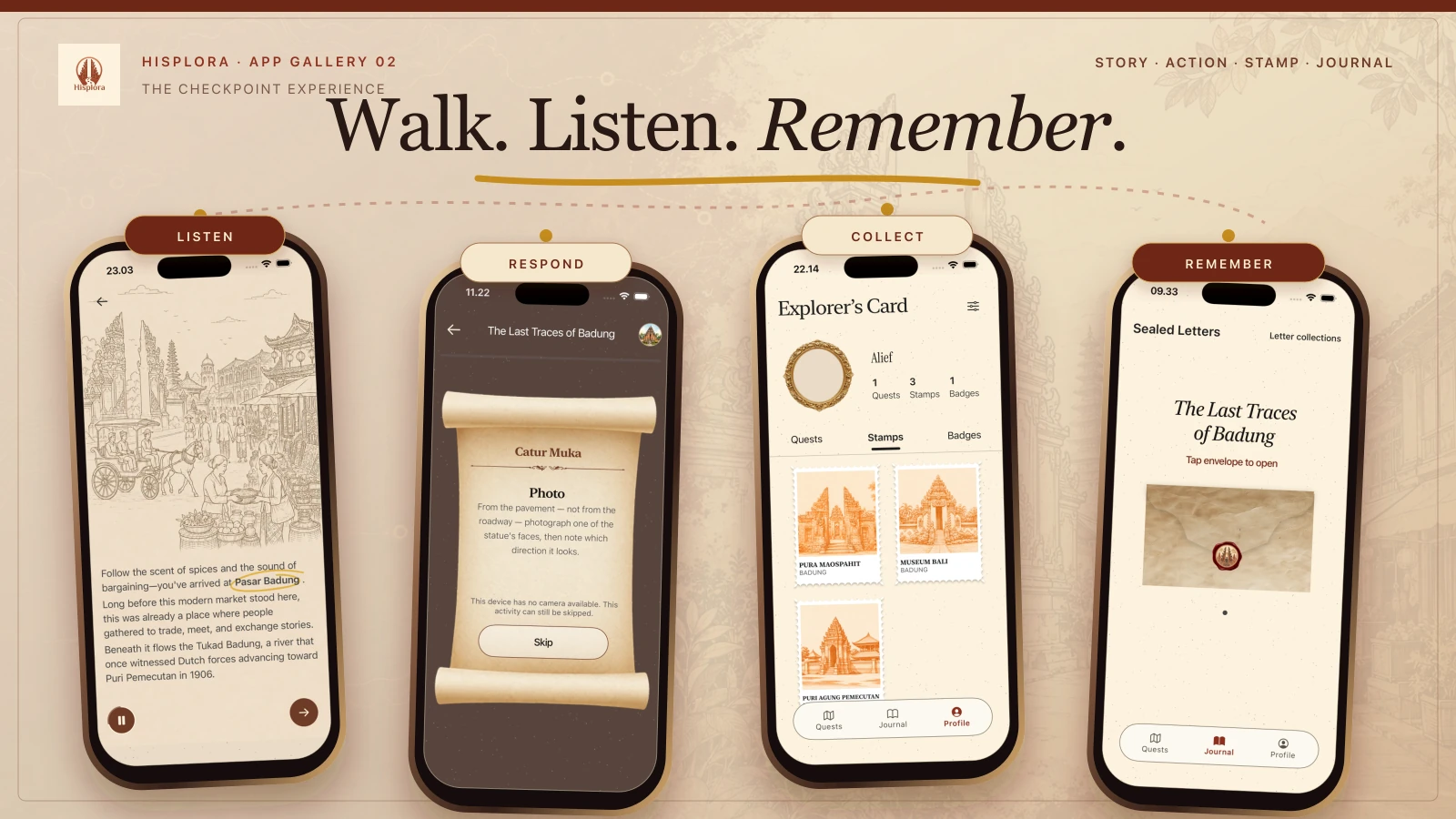 Four Hisplora screens showing a location story, photo response, collectible stamps, and a sealed journey letter