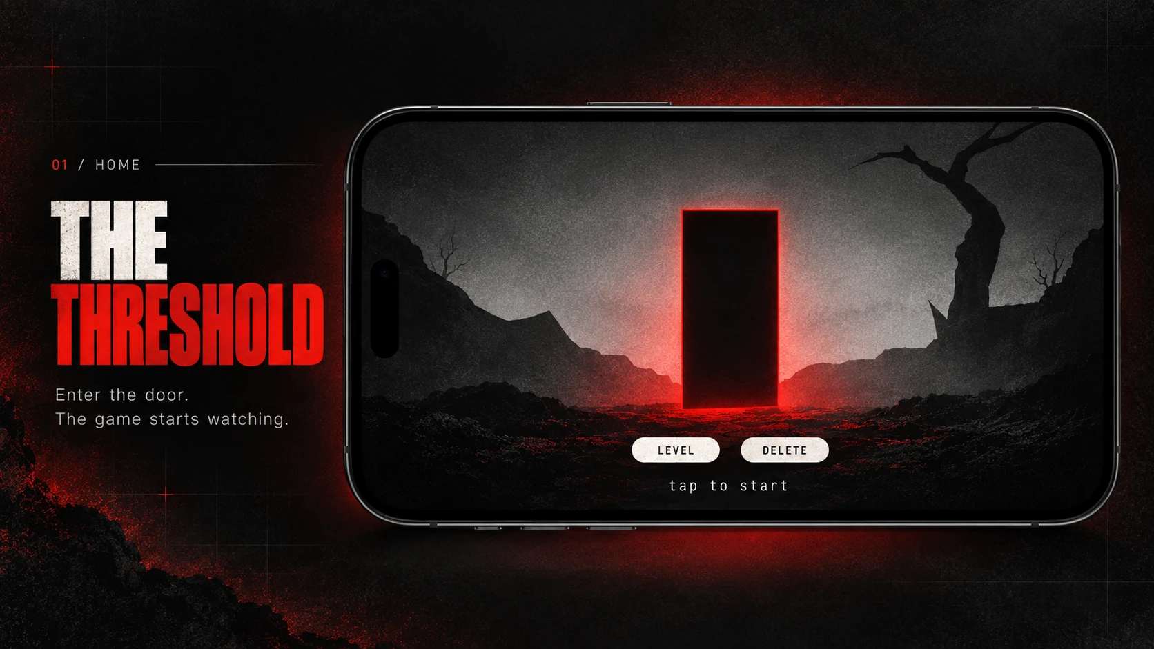The Threshold home screen concept showing Load Away inside a landscape iPhone with a glowing red door