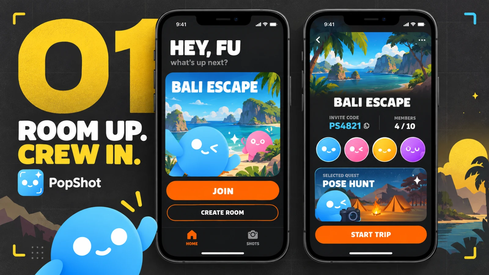 PopShot room setup screens showing the Bali Escape trip, invite code, members, and selected Pose Hunt quest