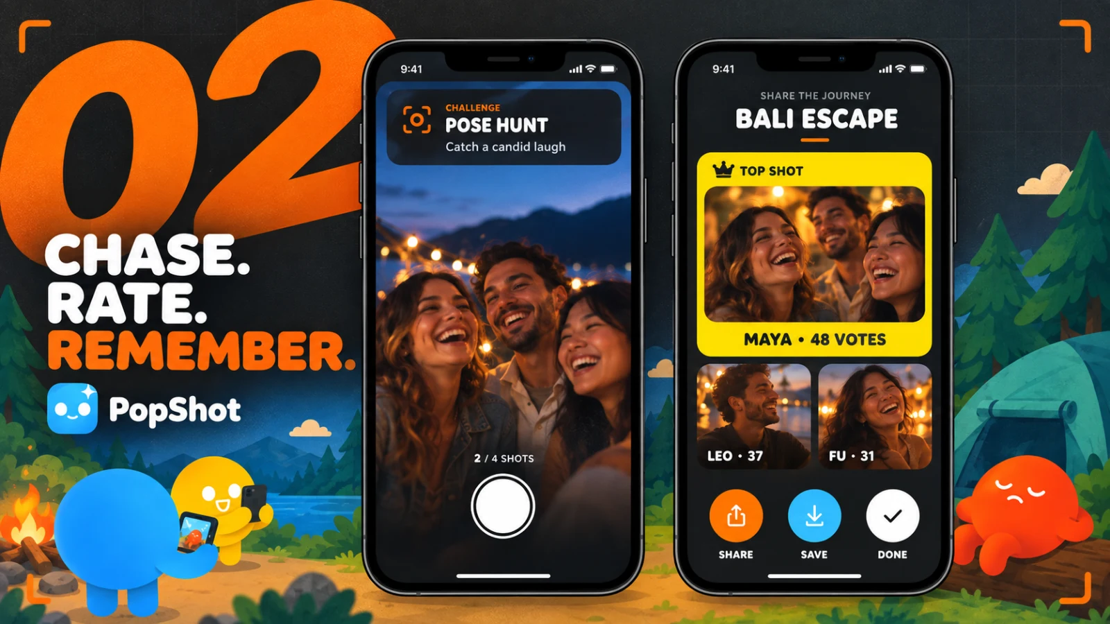 PopShot challenge and results screens showing a candid Pose Hunt photo, voting, and the winning shot