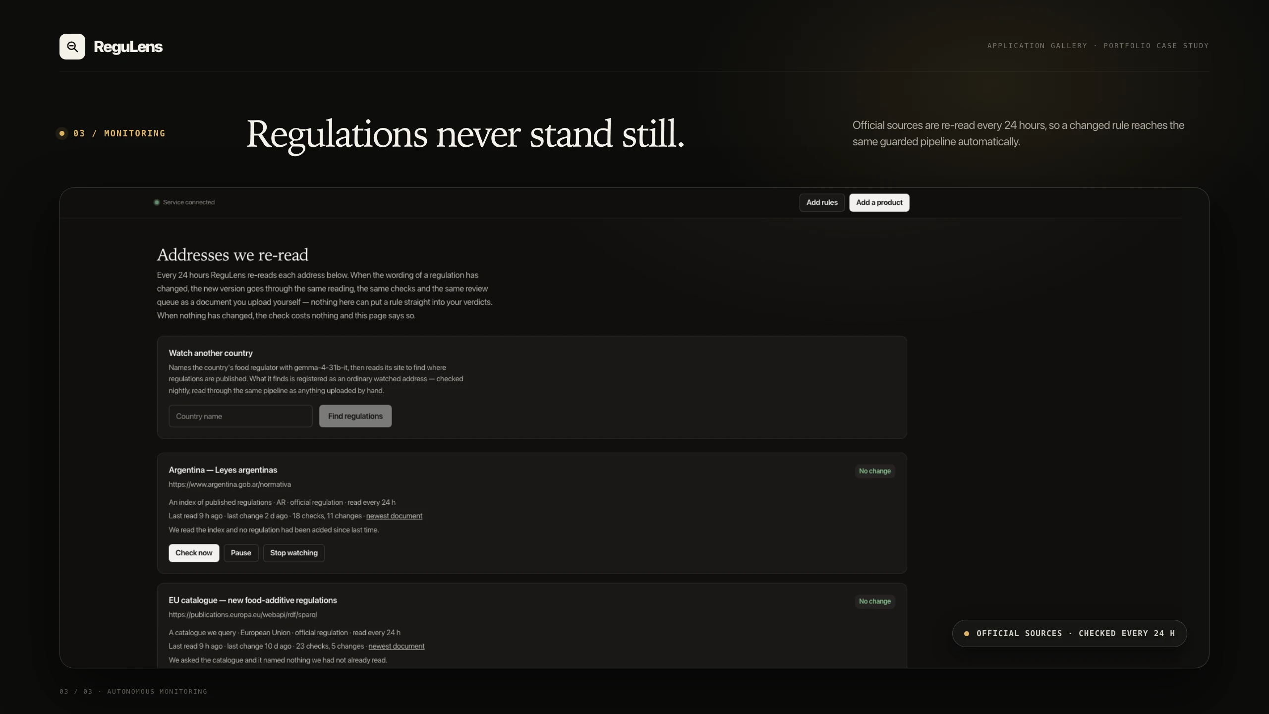 ReguLens monitoring screen listing official regulatory sources checked every 24 hours